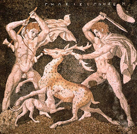 Mural of
         Alexander (right) and Hephaestion (left) at Pella